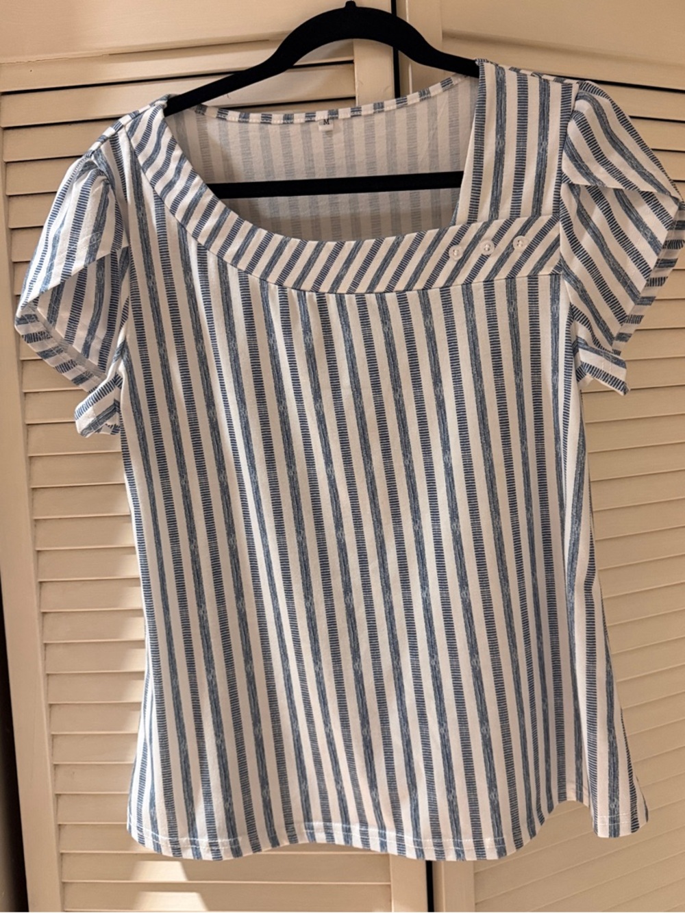 Striped Square-Neck Short Sleeve Blouse - Blue/White